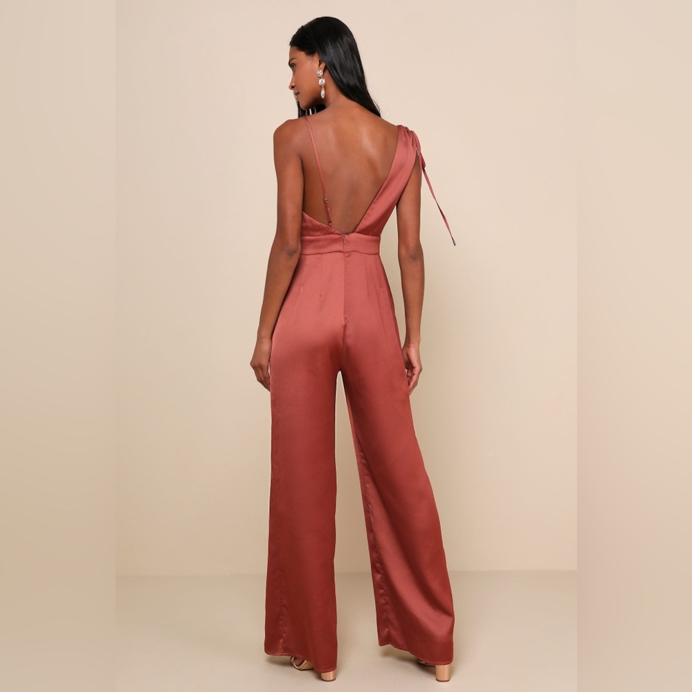 Lulu’s Look of Luxe Rusty Rose Satin Asymmetrical Wide-Leg Jumpsuit - Si… - Picture 2 of 10